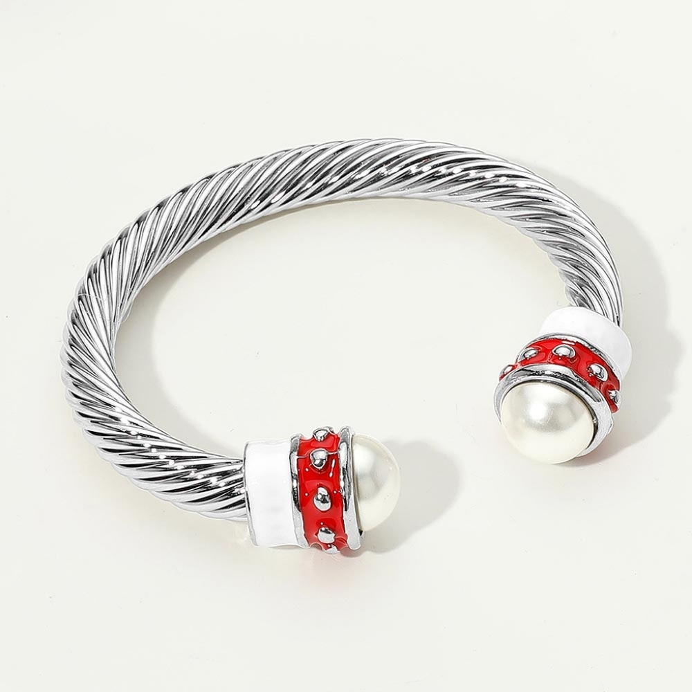 Red & White Pearl Tip Two Tone Twisted Cable Style Cuff Bracelet Bangle Metal